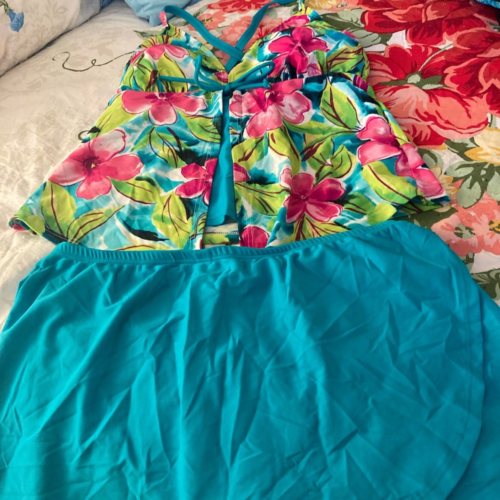 Floral Tankini Top and Teal Swim Skirt